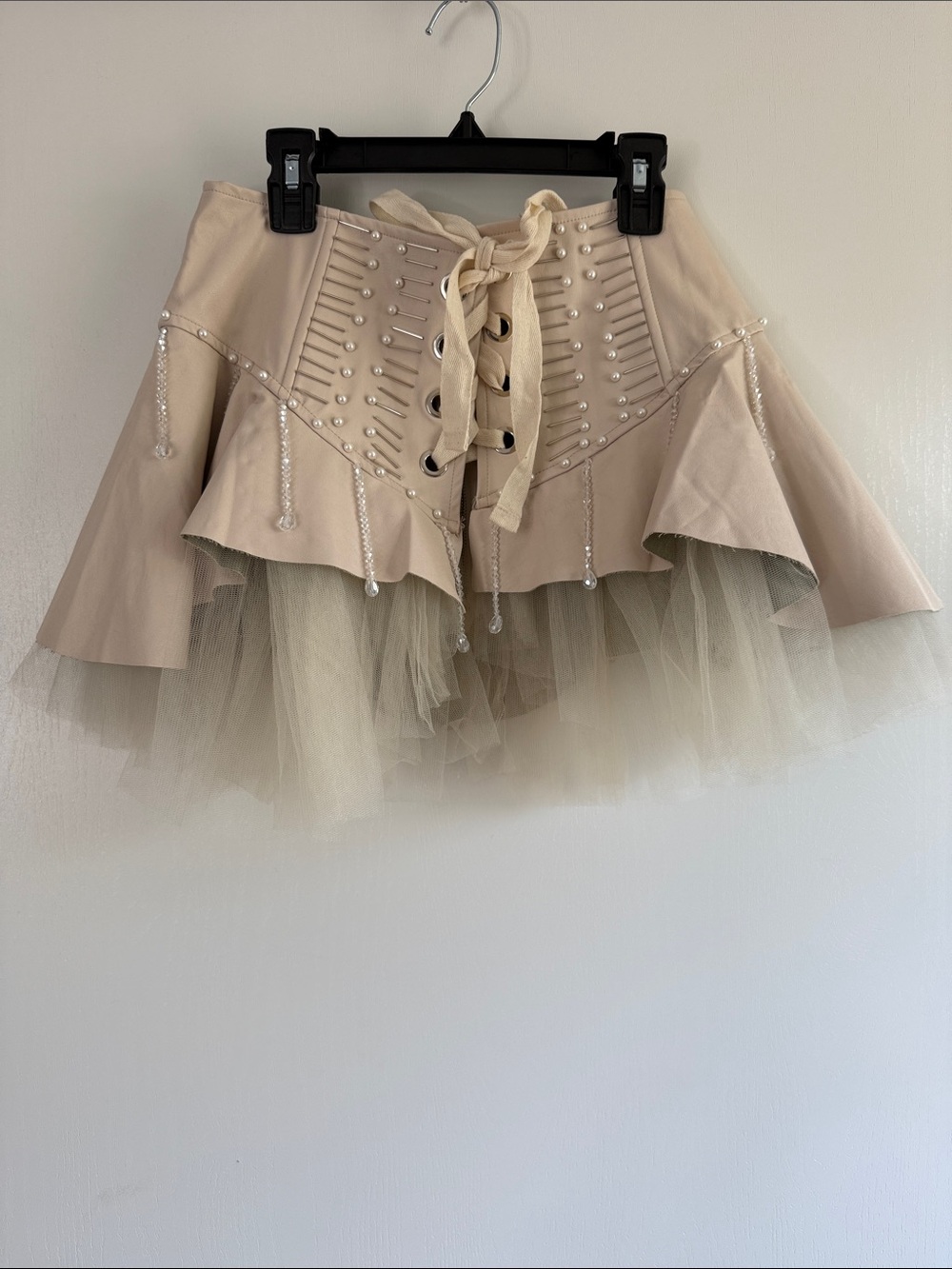 Mulla Beige Lace-Up Tulle Mini Skirt with Pearl Detail Corset Faux Leather Fairy